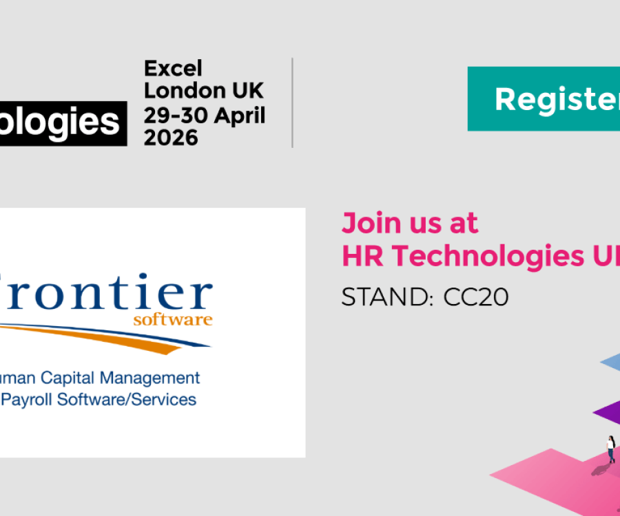 Frontier Software at HR Technologies UK, London, 29–30 April 2026, stand CC20, with Register Now banner