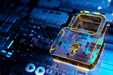 Digital padlock on a blue circuit board representing cybersecurity and data protection.