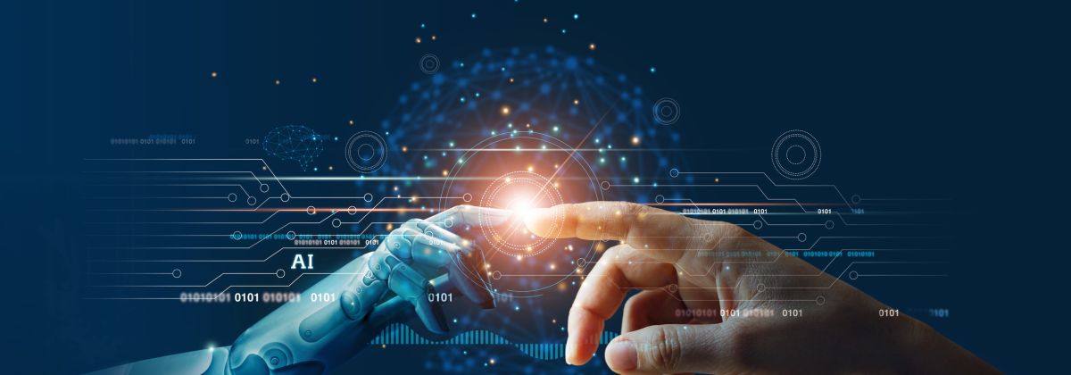 Implementation - Innovation - Future: Human hand touching robotic hand with glowing light symbolizing AI and technology connection.